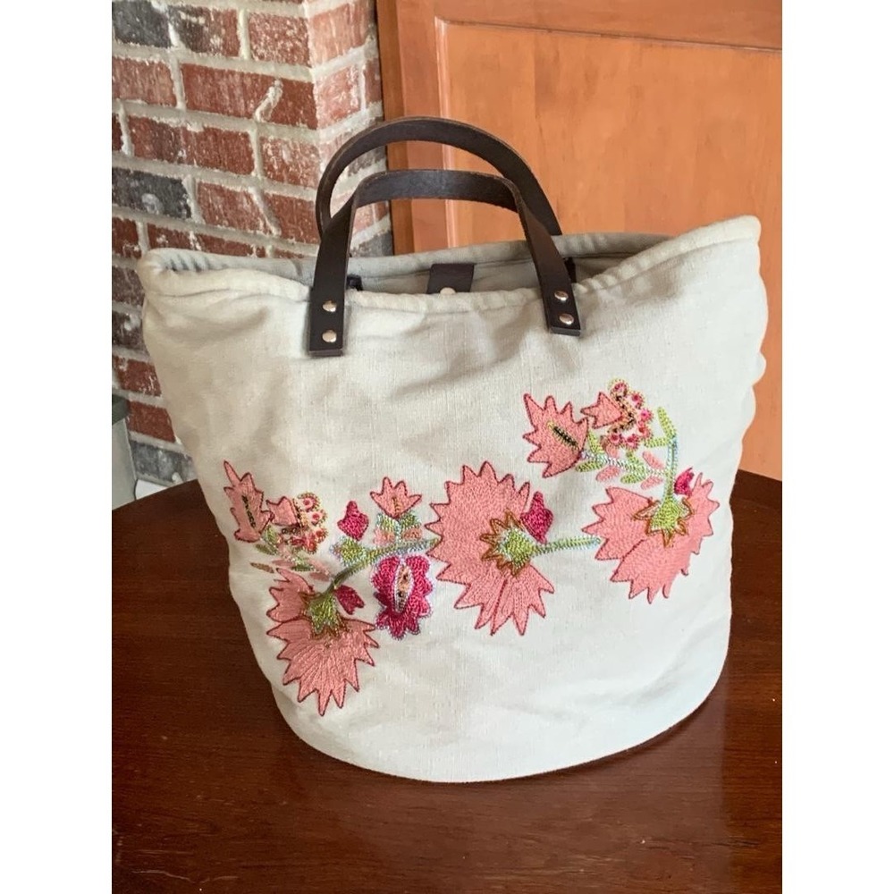 Ventilo La Colline Khaki Cotton Tote Bag With Leather Straps